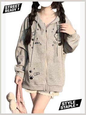 Y2K Zip Up Hoodie with Cat Ears Oversize Kawaii Graphic Jacket Streetwear
